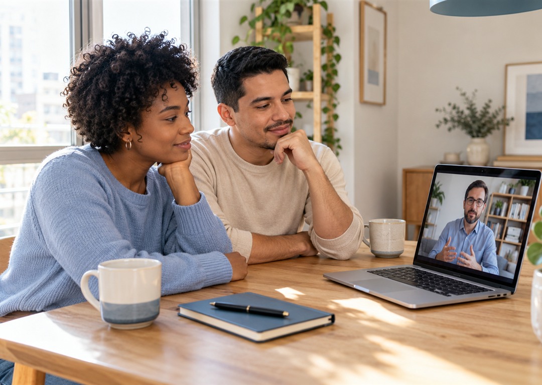 Pareja joven participando de terapia online en una mesa