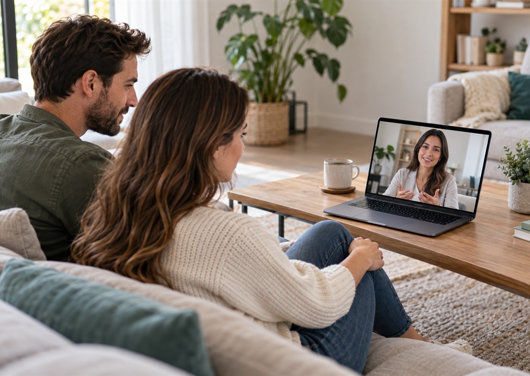 Pareja participando de una sesión de terapia online desde su hogar